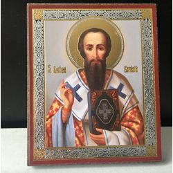 Saint Basil the Great | Silver and gold foiled icon lithography mounted on wood | Size: 3 1/2" x 2 1/2"