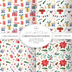 Christmas seamless patterns. Poinsettia seamless pattern. Watercolor. Xmas. JPG. PNG. Digital Paper. Seamless background