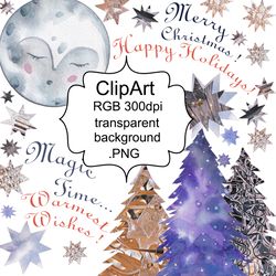 Clipart Illustrations & texts Merry Christmas Winter holidays Xmas tree Stars Pattern for decor, design and printing DIY