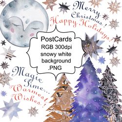 Clipart Illustrations & texts Merry Christmas Winter holidays Xmas tree Stars Pattern for print and design postcards DIY