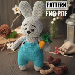 Bunny in overalls with his carrot toy, soft toy pattern, English PDF pattern