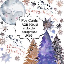 Clipart Illustrations & texts Merry Christmas Winter holidays Xmas tree Stars Design cards Pastel colors background DIY