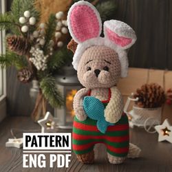Cat in overalls with his fish toy, soft toy pattern, English PDF pattern