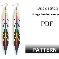 Beaded earrings PATTERN for brick stitch with fringe - Native feather - Instant download