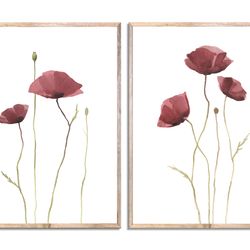 Poppies Painting Dark Red Flowers Set of 2 Prints Minimalist Floral Watercolor Painting Botanical Posters