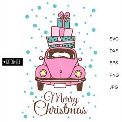 pink christmas car svg, merry christmas truck svg, vintage truck svg, retro car, winter svg pickup truck shirt mug card