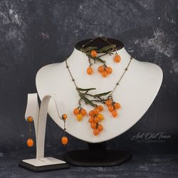 Jewelry set with sea buckthorn Branch necklace Berry earrings stud Orange jewelry Adjustable jewelry