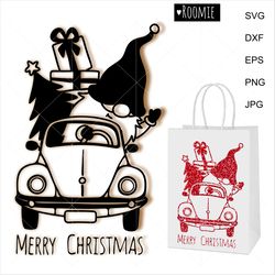 Merry Christmas gnome in retro car svg, Santa svg, Christmas tree, Vintage truck svg, Winter svg Pickup, Shirt mug card