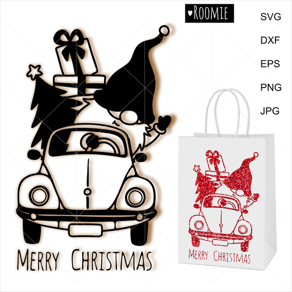 Christmas-gnome-in-Retro-car-black-and-white-clipart .jpg