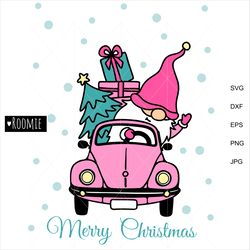Merry Christmas gnome in Pink retro car svg, Santa svg, Christmas truck Vintage svg, Winter svg Pickup, Shirt design
