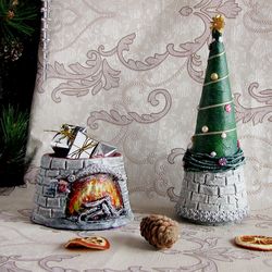 Christmas tree box, candy box, fireplace, hearth box, Christmas decor, Trinkets box, Christmas ornament, New Year gift