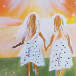 Sisters Painting, Oil Painting, Original Art, Gift Personal, Girls Painting, Friends Painting, Wall Decor, 16 by 12"