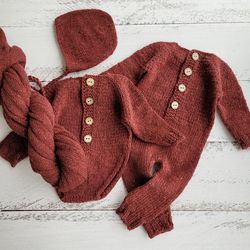 Red Wine tweed bonnet, romper, wrap. Newborn photo props.