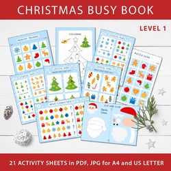 Christmas Printable Busy Book for Toddler, Activity Busy Book for Preschool in PDF and JPG formats, Printable worksheets