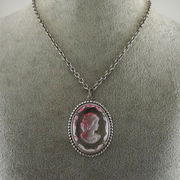 clear-white-pink-fuchsia-vintage-glass-Victorian-lady-antique-intaglio-pendant-necklace-jewelry
