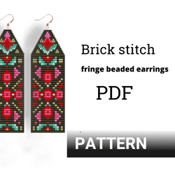Brick stitch pattern gor beaded earrings.  Fringe earrings DIY. Seed bead pattern. Pattern for beading. Stand with Ukra.