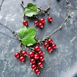Jewelry set with red currant berries on bronze branches and chains Stud earrings Adjustable jewelry