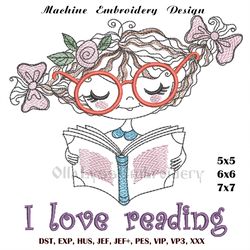 Reading girl digital machine embroidery design in 3 sizes