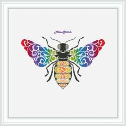 Cross stitch pattern Insect Bee Silhouette Ornament Wings Rainbow Curls honey counted crossstitch patterns/Download PDF