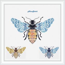 Cross stitch pattern Insect Bee Silhouette Ornament Wings Curls honey monochrome blue gold counted crossstitch patterns