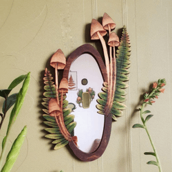 Wall Mirror Mushrooms, wooden mirror, wood burning, boho mirror wall decor
