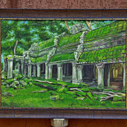 Angkor Wat ancient temple ruins original oil painting, moss and woods wild nature greenish art, Cambodia apsara indian r