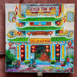 Chinoiserie Buddha Temple in Vietnam, chinese silk lantern original oil painting, buddhist light, Japanese style asian a