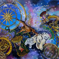 Space surreal original oil on canvas painting, whimsical modern large steampunk fantasy time art, contemporary astronomi