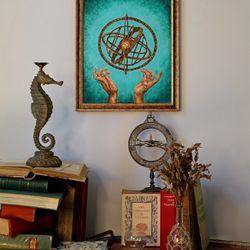 Celestial Armillary sphere Fantasy Gift, Steampunk Still Life original oil painting, Zodiac globe Astrolabe, Astroligy i
