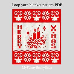 Loop yarn finger knitted Merry Christmas blanket pattern PDF