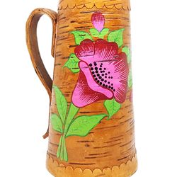 Vintage Birch bark Jug Pitcher Vase hand painted NASTURTIUMS USSR 1970s