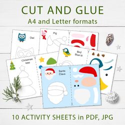 Christmas Cut and Glue Worksheets for preschool kids, Activity Busy Book in PDF and JPG formats, Printable worksheets