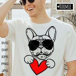french bulldog with heart and sunglasses svg shirt design, frenchie shirt, i love my bulldog, dog mom cut file /82