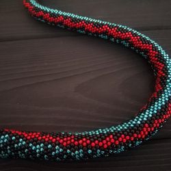 Striped Snake Necklace , Beaded Crochet Necklace , Ouroboros jewelry