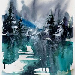 Frosty River Painting Winter Landscape Original Watercolor Art Winter nature Painting Village Countryside Painting