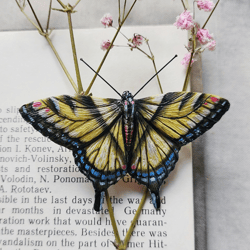 Brooch Yellow swallowtail. Yellow butterfly, realistic insect brooch.
