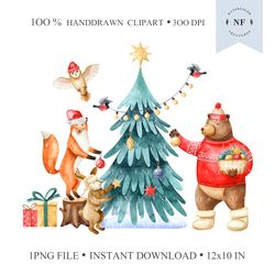 christmas forest animals decorate the christmas tree. hand drawn png clipart. watercolor woodland animals. natartstudio