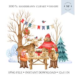 Christmas Forest Animals. Christmas dinner. Hand drawn Png Clipart. Watercolor Woodland Animals.  NatArtStudio