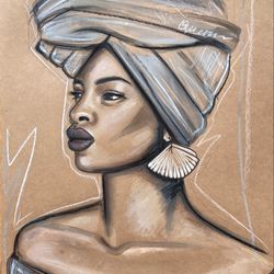Original acrylic ink mix painting of African Beauty 16x22 inch on thick craft paper Modern Art