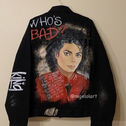 michael jackson painted denim jacket custom jacket red  portrait from photo personalized order black denim jacket shirt