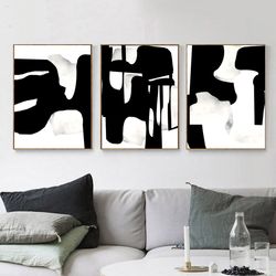 Abstract Black Art Set Of 3 Prints Large Wall Art Abstract Print Digital Download Black And White Triptych Black Posters