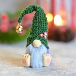 waldorf gnome. needle felted gnome. green gnome with flowers. garden gnome