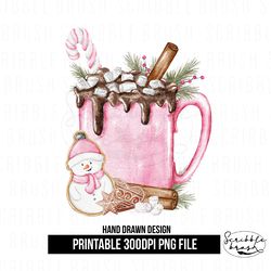Pink Christmas Hot Chocolate Marshmallows Mug Sublimation PNG Design