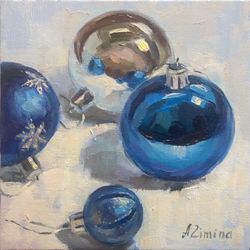 Christmas ornaments painting, small oil painting still life, original oil painting art