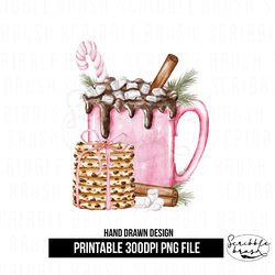 pink christmas hot chocolate cookies mug sublimation png design