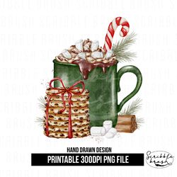Green Christmas Hot Chocolate Cookies Mug Sublimation PNG Design