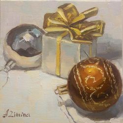 Christmas painting, gift box and ornaments, small oil painting still life, original oil painting art