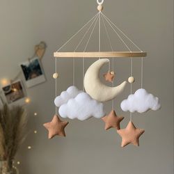 Baby mobile moon, baby mobile clouds and stars in natural shades, neutral nursery decor, baby crib mobile with stars