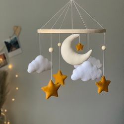 Neutral baby mobile moon, baby mobile clouds and stars, nursery decor in natural shades, baby crib mobile with stars