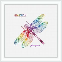 Cross stitch pattern Insect Dragonfly Silhouette Ornament Wings Rainbow Curls Dragonflies counted crossstitch patterns